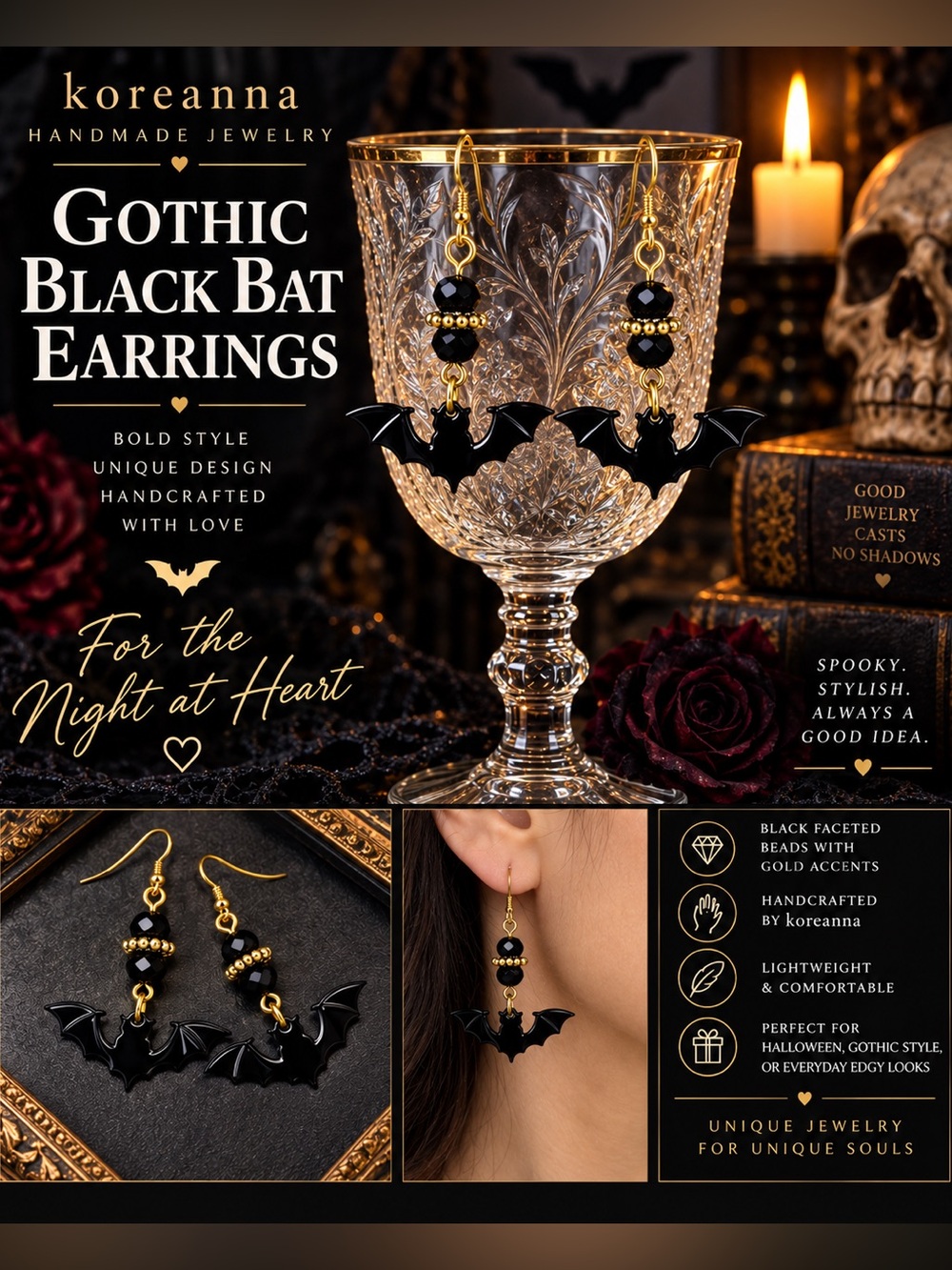 Gothic Black Bat Earrings Gold Tone | koreanna